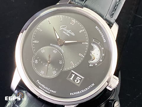 Glashutte Original 格拉蘇蒂 Pano Matic Lunar 偏心系列 1-90-02-43-32-62 灰色面盤 月相盈虧 大日期窗 小秒針 不鏽鋼 德國腕錶工藝 招牌雙鵝頸、3/4夾板、偏心面盤 2023年保單 自動上鍊 40mm