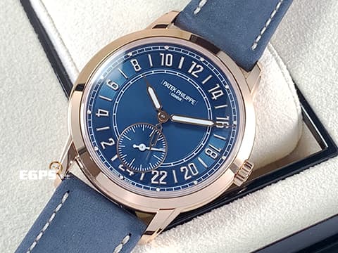 Patek Philippe 百達翡麗 PP錶 Complications 複雜功能時計 Calatrava Travel Time 旅行家 5224R-001 藍色面盤 兩地時間 玫瑰金 2024年保單 5224 R 歡迎錶友以 PP、AP、勞力士 來店交換，本店將以最高價評估～ 自動上鍊 40mm