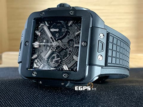 HUBLOT 宇舶 SQUARE BANG UNICO 黑色魔力 821.CI.0170.RX 黑色陶瓷 飛返 計時碼表 鏤空面盤  噴砂及拋光黑色陶瓷 超夯、超熱門錶款!!【暗黑騎士】!!2024年保單 自動上鍊 42mm