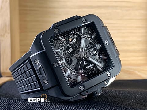 HUBLOT 宇舶 SQUARE BANG UNICO 黑色魔力 821.CI.0170.RX 黑色陶瓷 飛返 計時碼表 鏤空面盤  噴砂及拋光黑色陶瓷 超夯、超熱門錶款!!【暗黑騎士】!!2024年保單 自動上鍊 42mm