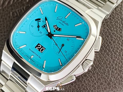 Glashutte Original 格拉蘇蒂 Seventies Chronograph Panorama Date 七零年代 70s 復古&nbsp;Disco Blue 迪斯可藍色面盤 限量100只&nbsp;1-37-02-10-02-70 飛返 計時碼表 大日期窗 動能顯示 不鏽鋼材質&nbsp;2022年台灣公司貨&nbsp;德國錶 自動上鍊 40mm