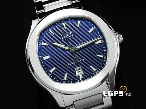 PIAGET 伯爵 Piaget Polo Date G0A41002 不鏽鋼材質 2023年保單 藍色雕紋面盤 自動上鍊 百搭易襯、標誌性的枕形錶殼造型，搭上暗夜藍橫向雕紋面盤散發出令人心動的高貴感 42mm