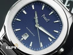 PIAGET 伯爵 Piaget Polo Date G0A41002 不鏽鋼材質 <font color=#FF0000>2024年極新保單</font> 藍色雕紋面盤 自動上鍊 <font color=#4169e1>百搭易襯、標誌性的枕形錶殼造型，搭上暗夜藍橫向雕紋面盤散發出令人心動的高貴感</font> 42mm