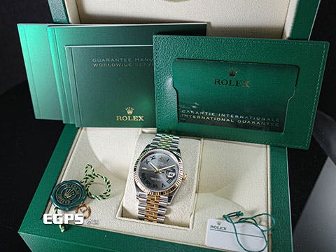 ROLEX 勞力士 Datejust 36 蠔式日誌型 126233 石板灰色面盤搭配綠羅馬時標 溫布頓 費德勒&nbsp;DJ36 半金款 18K黃金 經典三角坑紋外圈 2022年保單 紀念型（Jubilee）五銖錶帶 自動上鍊 36mm