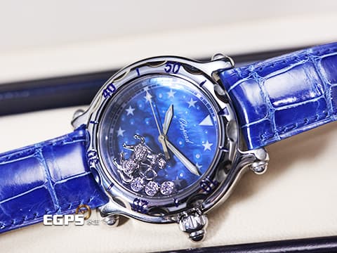 CHOPARD 蕭邦 Happy Sport Zodiac 快樂鑽 星座 射手座 288430-3004 藍色面盤 原廠射手座造型跑鑽 不鏽鋼 2024年保單 石英腕錶 38mm