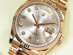 ROLEX 勞力士 Day-Date 118235 蠔式 星期日期型 18K玫瑰金材質 元首型錶帶 <font color="#f1dfca">原廠鑲嵌鑽石時標 日亮金色面盤</font><font color="#ffdead">&nbsp;<font color="#ff0000">已回原廠保養 延長保固到2027年</font></font>&nbsp;自動上鍊 36mm