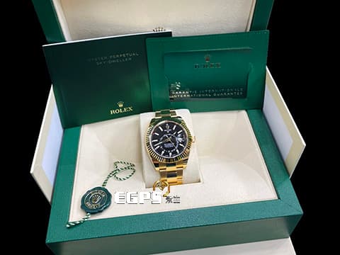 ROLEX 勞力士 Sky-Dweller 天行者 326938 18K黃金材質 沙羅系統 年曆錶 兩地時區 柱狀時標黑色面盤 2023年保卡&nbsp;自動上鍊 42mm