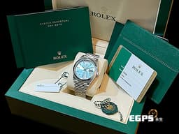 ROLEX 勞力士 DAYDATE 228206 星期日曆型 228206A <font color=#00FFFF>冰藍色面盤 原鑲長方形時標 停產款 想收藏只有現在！</font> <font color=#FF0000> PT950鉑金材質 </font> 自動上鍊 <font color=#FFFF33> 此錶歡迎各路錶友以 PP、AP、勞力士 來店交換，本店將以最高價評估～</font> 40mm