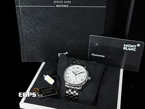 MONTBLANC 萬寶龍 Star Legacy Day Date 明星傳承系列 128687 銀白色放射星形扭索飾紋錶盤 藍鋼指針 不鏽鋼 星期日期顯示 大三針 2026年保單 自動上鍊 39mm