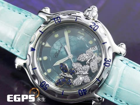 蕭邦錶 CHOPARD Happy Sport系列 HAPPY BUTTERFLY 快樂鑽 288452-3001 不鏽鋼材質 原廠鑲嵌2隻共0.30ct鑽石蝴蝶 1隻 0.16ct藍寶石蝴蝶 石英機芯 38.5 mm