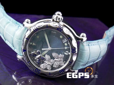 蕭邦錶 CHOPARD Happy Sport系列 HAPPY BUTTERFLY 快樂鑽 288452-3001 不鏽鋼材質 原廠鑲嵌2隻共0.30ct鑽石蝴蝶 1隻 0.16ct藍寶石蝴蝶 石英機芯 38.5 mm