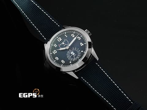 Patek philippe 百達翡麗 Calatrava Annual Calendar Travel Time 複雜功能時計 5328G-001 18K白金材質 藍色不規則紋理面盤 192小時動力儲存顯示 巴黎釘紋飾錶殼 2026年保單 手動上鍊 41 mm