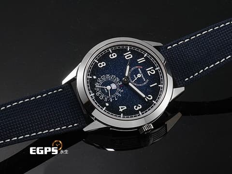 Patek philippe 百達翡麗 Calatrava Annual Calendar Travel Time 複雜功能時計 5328G-001 18K白金材質 藍色不規則紋理面盤 192小時動力儲存顯示 巴黎釘紋飾錶殼 2026年保單 手動上鍊 41 mm