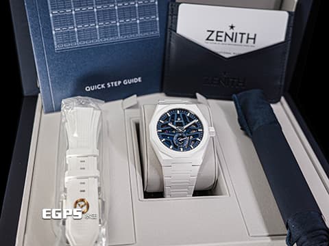 ZENITH 真力時 DEFY 碟飛系列 Skyline Skeleton 天際線 49.9301.3620/79.I001 高振頻 1/10秒 旋風秒針 藍色鏤空面盤 白陶瓷 2025年保卡 附快拆式橡膠錶帶扣 自動上鍊 41mm