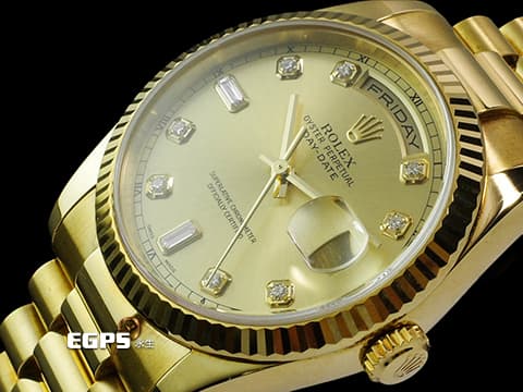 ROLEX 勞力士 Day-Date 36 蠔式 星期日曆型 118238G 原廠鑽石時標 皇帝金色面盤 18K黃金材質 DD36 經典三角坑紋錶圈 元首型(President)錶帶 總統帶 台灣公司貨 自動上鍊 36mm