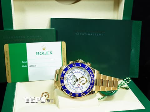 ROLEX 勞力士 Yacht-Master II 遊艇名仕 116688 18K黃金材質 帆船倒數計時 陶瓷框 絕版系列 大遊艇 賓士針款 2019年保卡 自動上鍊 44mm