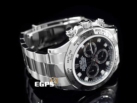 ROLEX 勞力士 Daytona 迪通拿 116509G 18K白金材質 黑色面盤搭配原廠鑲嵌鑽石時標 2020年新式綠卡 錶友珍藏未使用品 自動上鍊 40mm