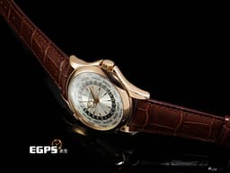 Patek Philippe PP 百達翡麗 Complications 複雜功能時計 World Time 世界時區 5130R 18K玫瑰金材質 <font color="#fdf1b4">金質時標、指針 米白色放射狀雕紋面盤</font> <font color="#05f0f0">不是HONGKONG~ 不是BEIJING~</font> <font color="#fa00fa">極稀少</font><font color="#fafa01">TAIPEI</font><font color="#fa00fa">刻度版</font> 自動上鏈 39.5 mm