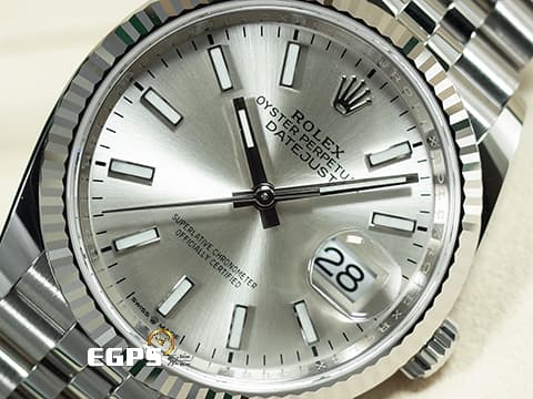 ROLEX 勞力士 DateJust 126234 蠔式日誌型 銀色放射紋面盤 DJ36 經典三角坑紋錶圈 2025年保卡 紀念型(Jubilee)五銖錶帶 自動上鍊 36mm