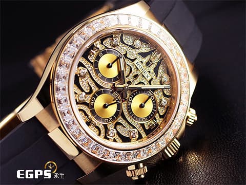 ROLEX 勞力士 DAYTONA 迪通拿 116588TBR 18K黃金材質 原廠鑲嵌鑽錶 抽象虎紋滿天星鑽石面盤 大梯鑽錶圈 足球巨星內馬爾Neymar同款 已經絕種的猛虎面 2021年保卡 自動上鏈 40mm