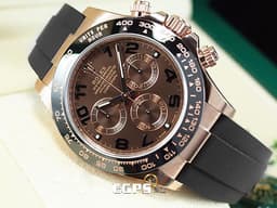 ROLEX 勞力士 Cosmograph Daytona 宇宙計時型 迪通拿 116515LN 永恆玫瑰金材質 <font color="#D2691E">絕版巧克力色面盤 阿拉伯數字時標</font> 計時碼表 陶瓷錶圈 <font color="#FF0000">2017年保卡 Oysterflex橡膠錶帶</font> 賽車錶 自動上鍊 40mm