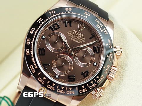 ROLEX 勞力士 Cosmograph Daytona 宇宙計時型 迪通拿 116515LN 永恆玫瑰金材質 絕版巧克力色面盤 阿拉伯數字時標 計時碼表 陶瓷錶圈 2017年保卡 Oysterflex橡膠錶帶 賽車錶 自動上鍊 40mm