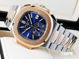 Patek Philippe 百達翡麗 PP錶 Nautilus 5980 金鷹 鸚鵡螺 5980/1AR 18K玫瑰金材質 半金款 鍊帶款 <font color="#05f0f0">漸層橫條紋藍色面盤 同軸計時碼錶 新款PP印記</font><font color="#FF0000"> 2020年保單 僅貼膜試戴極新品</font> 自動上鍊 40.5mm