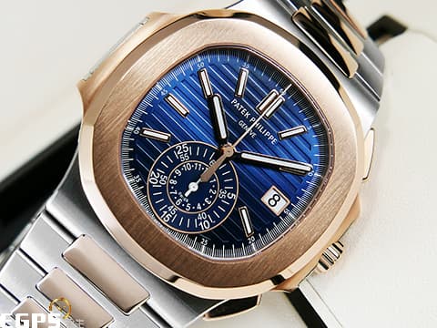 Patek Philippe 百達翡麗 PP錶 Nautilus 5980 金鷹 鸚鵡螺 5980/1AR 18K玫瑰金材質 半金款 鍊帶款 漸層橫條紋藍色面盤 同軸計時碼錶 新款PP印記 2020年保單 僅貼膜試戴極新品 自動上鍊 40.5mm