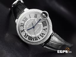 Cartier 卡地亞 BALLON BLEU 藍氣球 大型 W69016Z4 皮帶款 <font color="#05f0f0"> 精鑲滿天星鑽石面盤、錶圈</font><font color="#FF0000"> 台灣公司貨 </font>自動上鏈 42mm