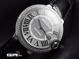 Cartier 卡地亞 BALLON BLEU 藍氣球 大型 W69016Z4 皮帶款 <font color="#05f0f0"> 精鑲滿天星鑽石面盤、錶圈</font><font color="#FF0000"> 台灣公司貨 </font>自動上鏈 42mm