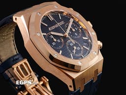 Audemars Piguet 愛彼 AP錶 Royal Oak Chronograph 皇家橡樹 <font color="#f2d8ab">18K玫瑰金材質</font> 26240OR.OO.D315CR.02 <font color="#0582f5">夜雲藍色「Grande Tapisserie」格紋面盤</font> 飛返 計時碼表 <font color="#FF0000">2026年保卡</font> 自動上鍊 41mm