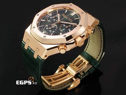 Audemars Piguet 愛彼 AP錶 Royal Oak Chronograph 皇家橡樹 18K玫瑰金材質 26240OR.OO.D404CR.02 軍綠色「Grande Tapisserie」格紋面盤 飛返 計時碼表 2026年保卡 自動上鍊 41mm