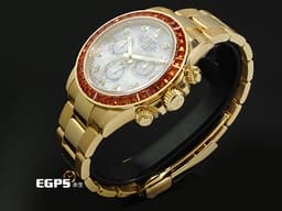 ROLEX 勞力士 Daytona 迪通拿 116578SACO 18K黃金材質<font color="#05f0f0"> </font><font color="#f4cfa4">停產款 白色珍珠貝母面盤 原廠鑲嵌橘色寶石錶圈 鑽石時標</font> <font color="#FF0000">2019年保卡 </font>自動上鍊 40mm