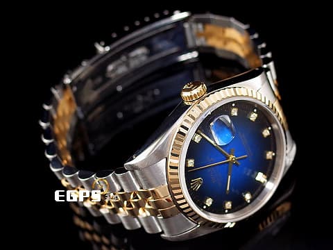 ROLEX 勞力士 Datejust 16233 經典 蠔式日誌型 18K黃金&不鏽鋼材質 半金款 鑽石時標 煙燻藍色漸層面盤 自動上鍊 36mm