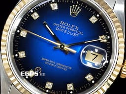 ROLEX 勞力士 Datejust 16233 經典 蠔式日誌型 18K黃金&不鏽鋼材質 半金款 <font color="#05f0f0">鑽石時標</font> <font color="#0582f5">煙燻藍色漸層面盤</font> 自動上鍊 36mm
