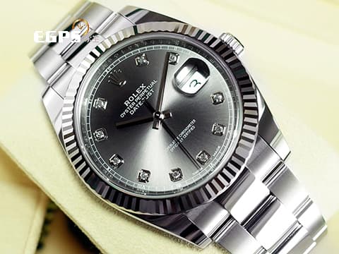 ROLEX 勞力士 DATEJUST II 蠔式日誌 126334 不鏽鋼材質 18K白金三角坑紋圈 灰色太陽文放射面盤 原廠鑲嵌鑽石時標 2026年卡 自動上鍊 41mm