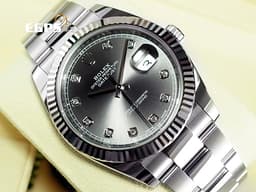 ROLEX 勞力士 DATEJUST II 蠔式日誌 126334 不鏽鋼材質 18K白金三角坑紋圈 <font color="#05f0f0">灰色太陽文放射面盤 原廠鑲嵌鑽石時標</font> <font color="#ff0000">2026年卡</font> 自動上鍊 41mm
