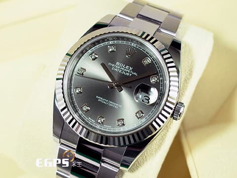 ROLEX 勞力士 DATEJUST II 蠔式日誌 126334 不鏽鋼材質 18K白金三角坑紋圈 灰色太陽文放射面盤 原廠鑲嵌鑽石時標 2026年卡 自動上鍊 41mm