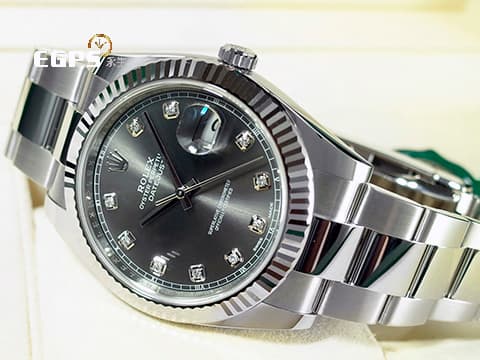 ROLEX 勞力士 DATEJUST II 蠔式日誌 126334 不鏽鋼材質 18K白金三角坑紋圈 灰色太陽文放射面盤 原廠鑲嵌鑽石時標 2026年卡 自動上鍊 41mm