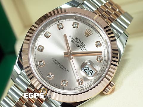 ROLEX 勞力士 Datejust 126331 蠔式日誌型 18K玫瑰金材質 半金款 原廠鑲嵌鑽石時標 日亮金色面盤 紀念型五珠錶帶 2025年保卡 自動上鍊 41mm