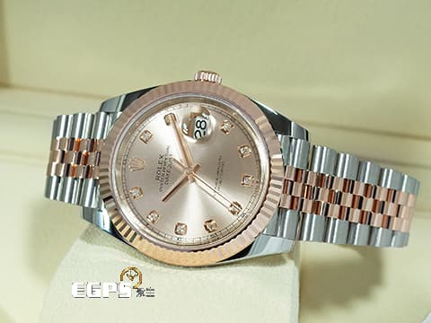 ROLEX 勞力士 Datejust 126331 蠔式日誌型 18K玫瑰金材質 半金款 原廠鑲嵌鑽石時標 日亮金色面盤 紀念型五珠錶帶 2025年保卡 自動上鍊 41mm