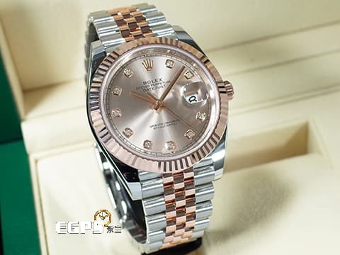 ROLEX 勞力士 Datejust 126331 蠔式日誌型 18K玫瑰金材質 半金款 原廠鑲嵌鑽石時標 日亮金色面盤 紀念型五珠錶帶 2025年保卡 自動上鍊 41mm