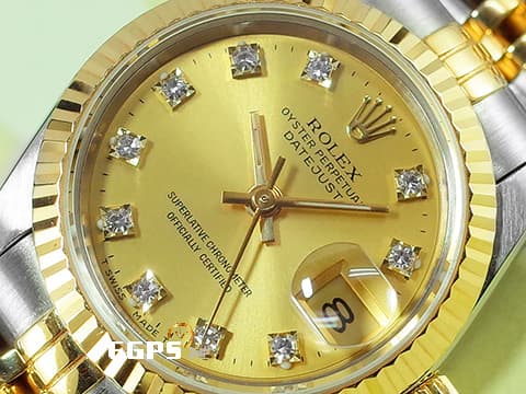 ROLEX 勞力士 DateJust 69173 不鏽鋼&18K黃金材質 半金款 香檳色面盤 原廠鑲嵌鑽石時標 五珠紀念型錶帶 台灣公司貨 自動上鍊 26mm