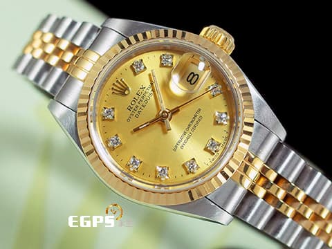 ROLEX 勞力士 DateJust 69173 不鏽鋼&18K黃金材質 半金款 香檳色面盤 原廠鑲嵌鑽石時標 五珠紀念型錶帶 台灣公司貨 自動上鍊 26mm