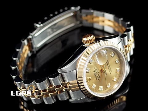 ROLEX 勞力士 DateJust 69173 18K黃金材質 半金款 香檳金色面盤 原廠鑲嵌鑽石時標 自動上鏈 26mm