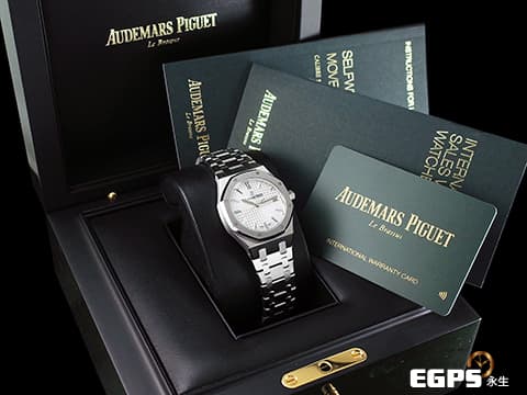 AUDEMARS PIGUET AP錶 愛彼 ROYAL OAK LADY 皇家橡樹系列 77350ST.OO.1261ST.01 銀白色「Grande Tapisserie」大型格紋面盤 鍊帶款 2022年保卡 自動上鍊 34mm