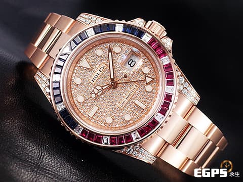 ROLEX 勞力士 GMT-MASTER II 格林威治型 18K永恆玫瑰金材質 126755SARU-PAVE DIAL 原鑲藍紅寶石錶圈 兩地時區 頂級百事圈!稀有夢幻收藏款!原鑲滿天星鑽石面盤 2021年單 新式綠卡 自動上鏈 40mm