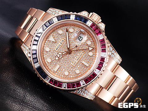 ROLEX 勞力士 GMT-MASTER II 格林威治型 18K永恆玫瑰金材質 126755SARU-PAVE DIAL <font color="#fa00fa">原鑲藍紅寶石錶圈</font> 兩地時區 <font color="#05f0f0">頂級百事圈!稀有夢幻收藏款!原鑲滿天星鑽石面盤 </font><font color="#FF0000">2021年單 新式綠卡</font> 自動上鏈 40mm