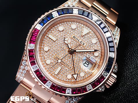 ROLEX 勞力士 GMT-MASTER II 格林威治型 18K永恆玫瑰金材質 126755SARU-PAVE DIAL 原鑲藍紅寶石錶圈 兩地時區 頂級百事圈!稀有夢幻收藏款!原鑲滿天星鑽石面盤 2021年單 新式綠卡 自動上鏈 40mm
