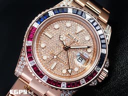 ROLEX 勞力士 GMT-MASTER II 格林威治型 18K永恆玫瑰金材質 126755SARU-PAVE DIAL <font color="#fa00fa">原鑲藍紅寶石錶圈</font> 兩地時區 <font color="#05f0f0">頂級百事圈!稀有夢幻收藏款!原鑲滿天星鑽石面盤 </font><font color="#FF0000">2021年單 新式綠卡</font> 自動上鏈 40mm